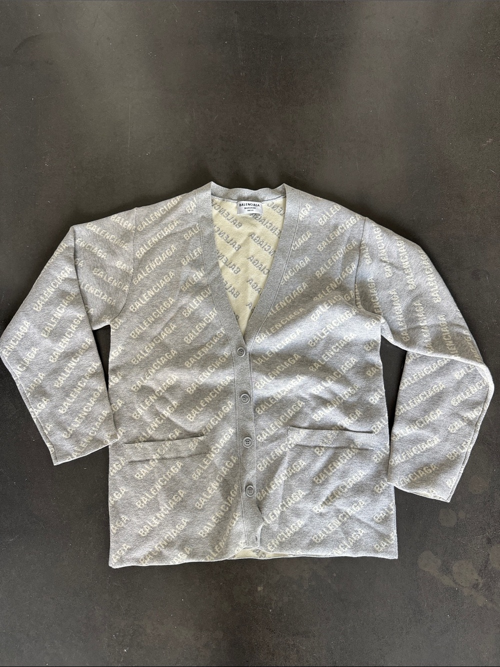 Balenciaga Gray and White Logo V-Neck Cardigan
